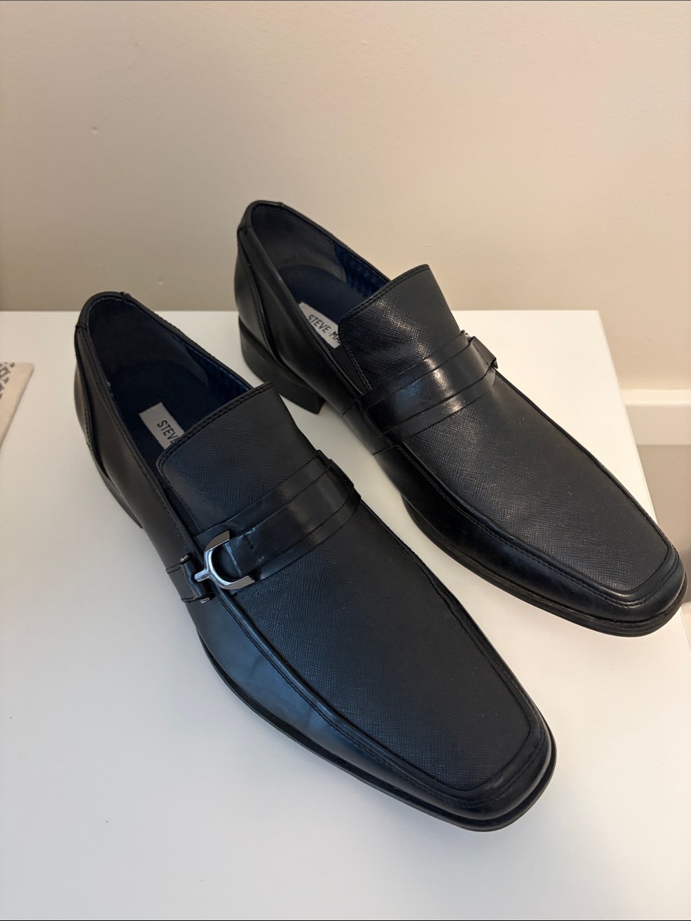 Steve Madden Black Leather Slip-On Loafers with Silver Buckle